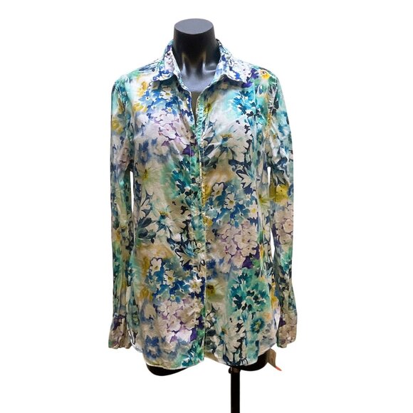 Cino Womens Floral Button-Up 100% Cotton Shirt Blouse Large Blue - Picture 1 of 8